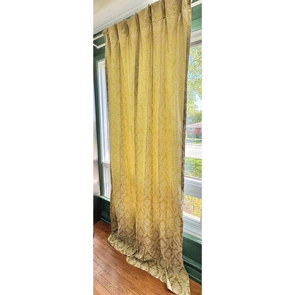 Vintage 1960s curtain, shiny avocado green & white brocade, MCM blackout panel - Picture 3 of 10
